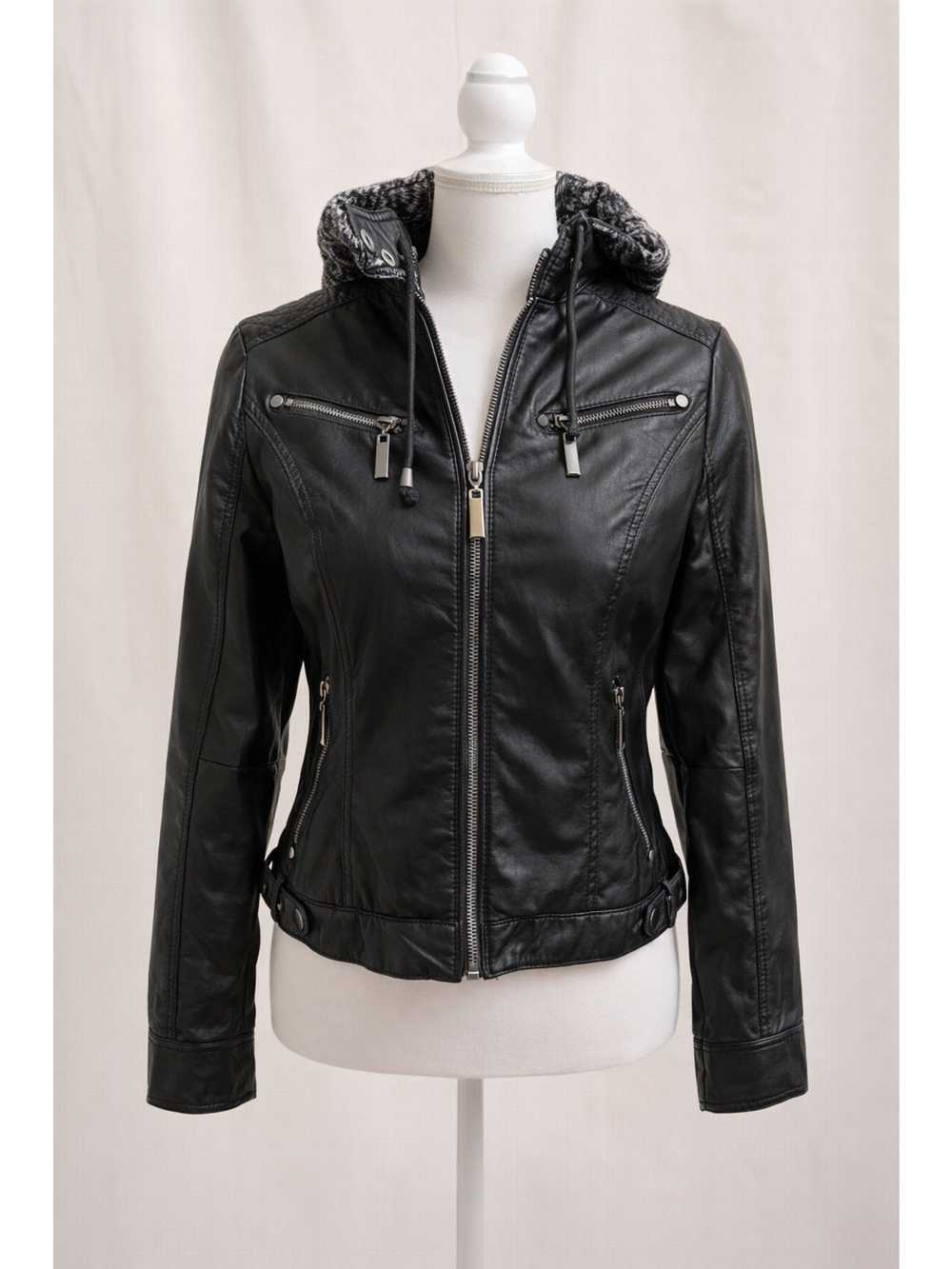 J2 by Jou Jou S Black Moto Jacket Hooded Vegan Leather Biker Chic Zip Streetwear
